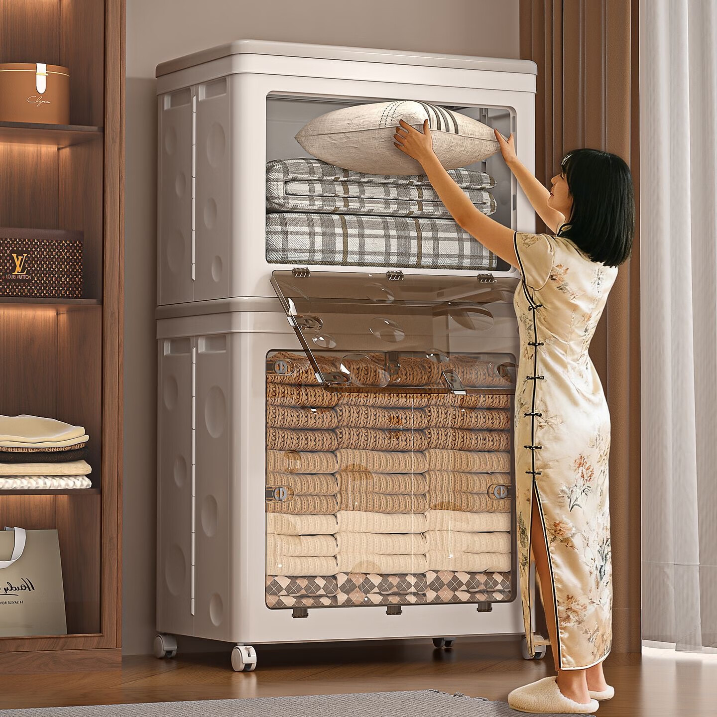 吱凡日本衣服收纳箱大容量超大家用翻盖折叠带轮储物柜玩具被子整理箱 【透明款】特大号Pro MAX-168L 2个装【0异味丨叠放不软塌】