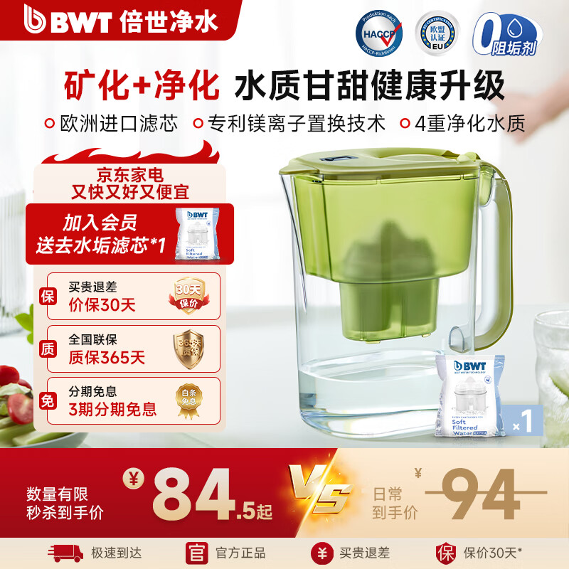 倍世（BWT）净水壶滤水壶净水器家用 欧洲去水垢滤芯 益家4.2L大容量 过滤水壶 厨房客厅通用  【去水垢滤芯】1壶1芯 绿色