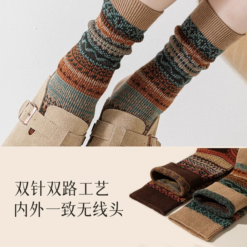 本曲袜子女款春秋冬季纯棉袜中筒双针女士复古民族风长袜全棉学生中袜 混色4双装 均码