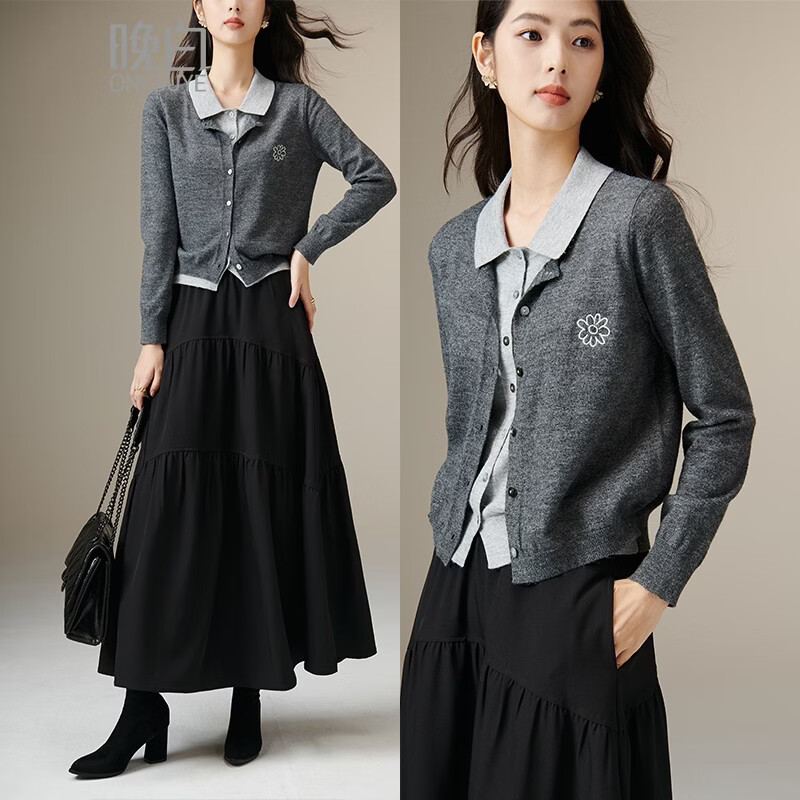 晚白2026春款时尚撞色miu系格雷灰假两件翻领毛衣知识分子风针织衫女 花灰色 L