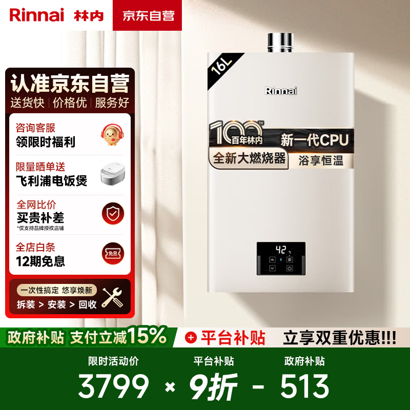 林内（Rinnai）【小蛮腰Pro】16升燃气热水器天然气【国家补贴15%】恒温ECO节能 低水压启动16GD32（JSQ31-GD32）