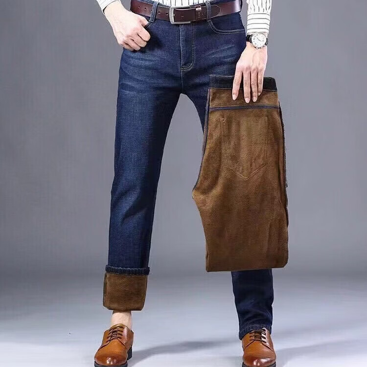 柯诗曼弹力秋冬加绒加厚男士牛仔裤冬季保暖长裤宽松直筒休闲裤子男款 蓝色【8010绒】 40 (推荐180-200斤)