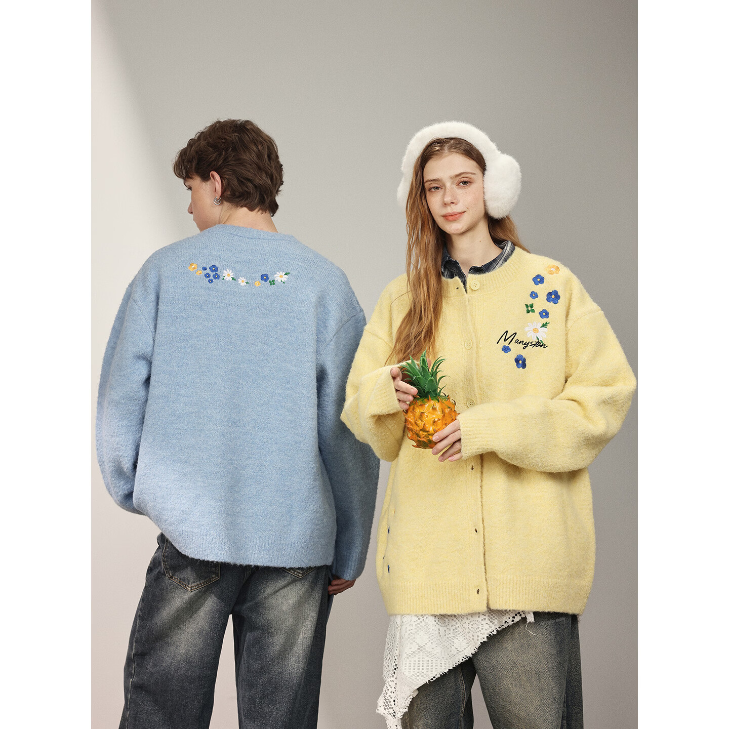 MANYSTON美式针织开衫毛衣男款春秋季潮牌宽松情侣装休闲长袖外套 杏色 S