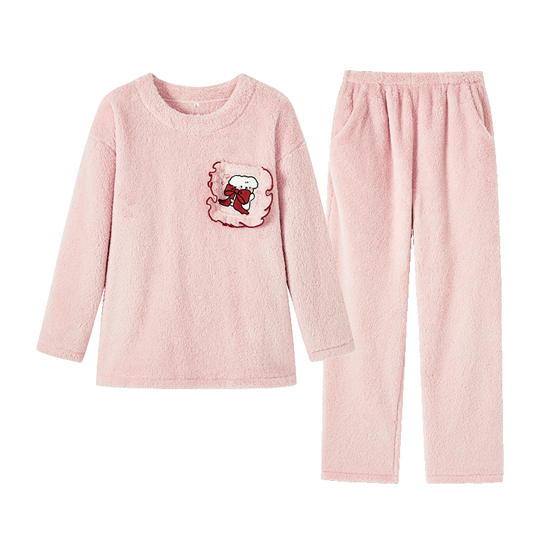 都市丽人保暖女秋冬加厚珊瑚长绒套头睡衣裤女家居服套装带口袋无帽2H3117