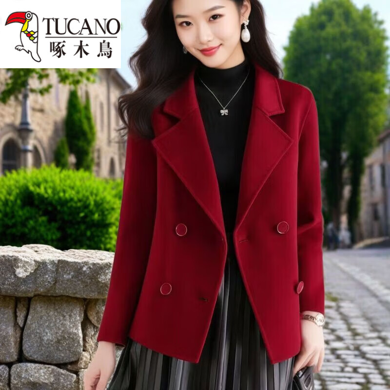 啄木鸟（TUCANO）短款毛呢大衣2025小个子秋季外套呢料双排扣女士秋冬外套毛呢大衣 咖色【没有口袋】 2XL 120-135斤