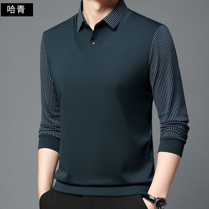 布卡澜琦秋冬季加绒假两件男士翻领长袖t恤中青年商务男装纯色条纹体恤衫 哈青（加绒） XL /115（建议135-150斤）