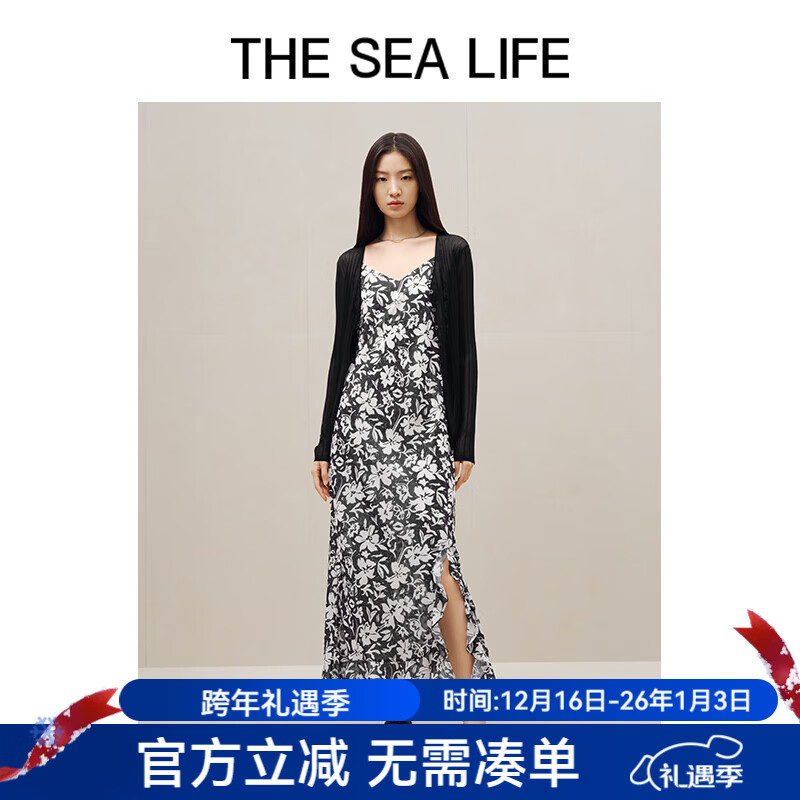 THE SEA LIFE商場(chǎng)同款吊帶裙歐海一生 碎花吊帶連衣裙夏下擺開(kāi)衩20513 黑法師 S
