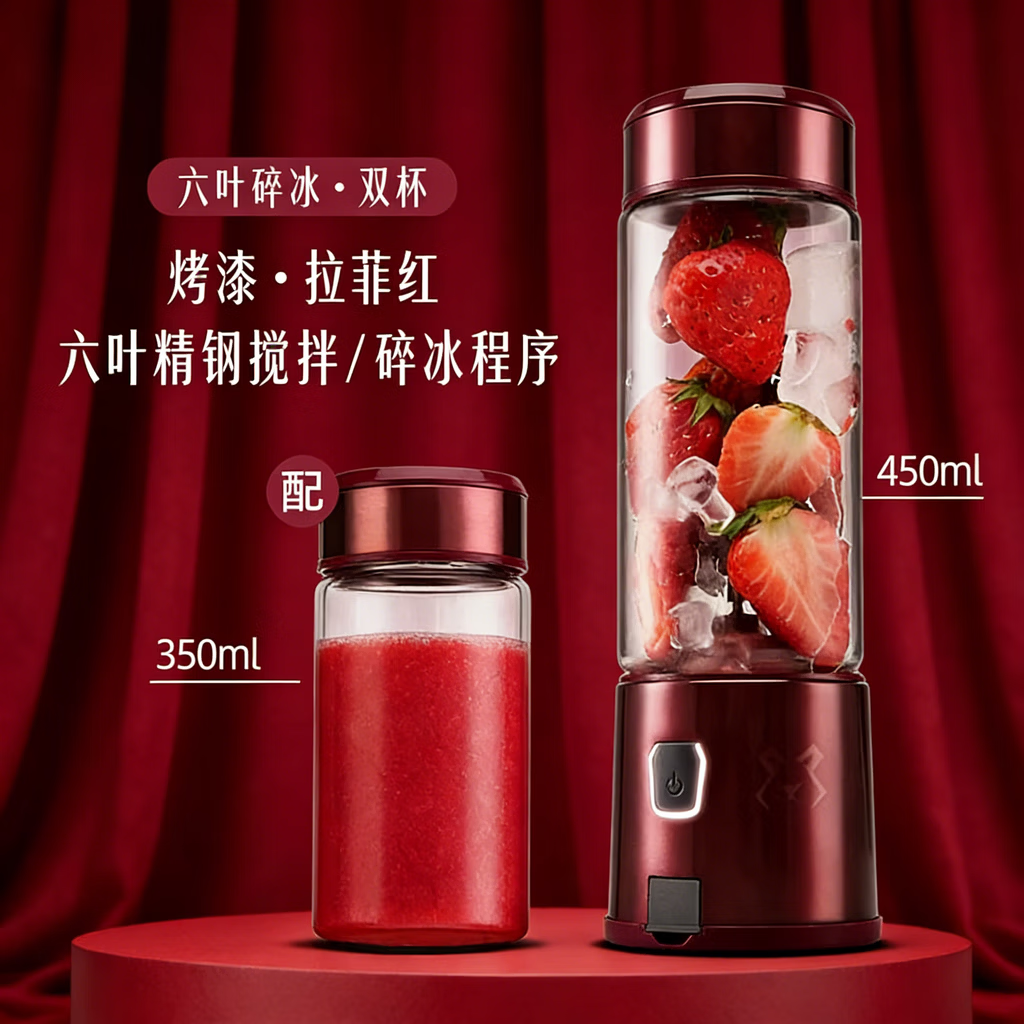 AILUKI日本榨汁杯家用便携式榨汁机水杯一体果蔬果汁机迷你充电式家用 至尊款【拉菲红】双杯/双盖 450ML+350ML 高硼硅杯身+六页精钢刀头