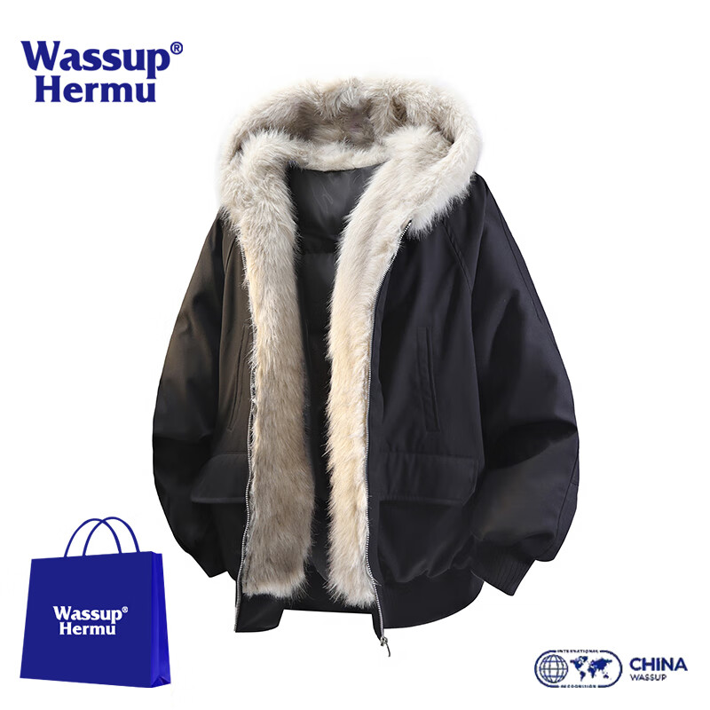WASSUP HERMU官方羽绒服男冬季复古松弛感美式派克服加厚保暖大毛领座山雕外套 黑色 S （推荐90-110斤）