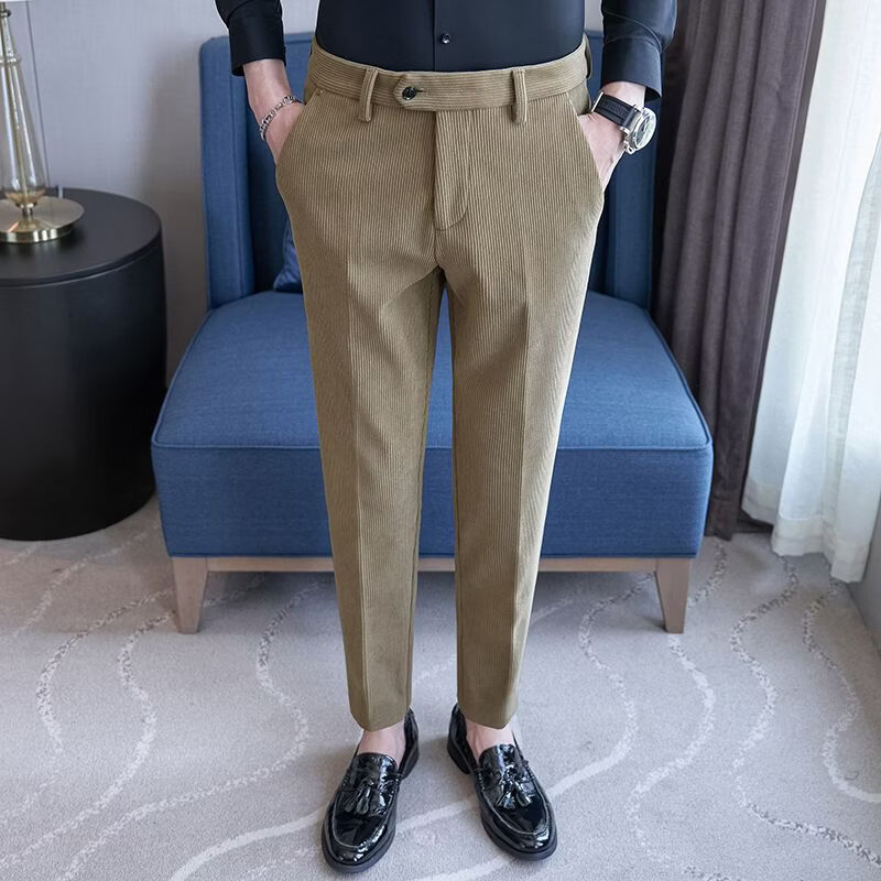 灯芯绒西裤男秋冬加绒新款高级感男裤商务修身直筒休闲西装裤子 卡其色[加绒] 36（2.8尺） 均码
