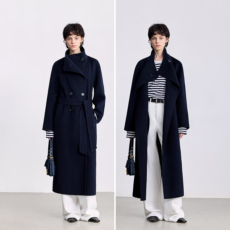 LILY【大师法奢】烟囱领大衣LILY毛呢外套女2025冬季新款双面绵羊毛 411藏青 L