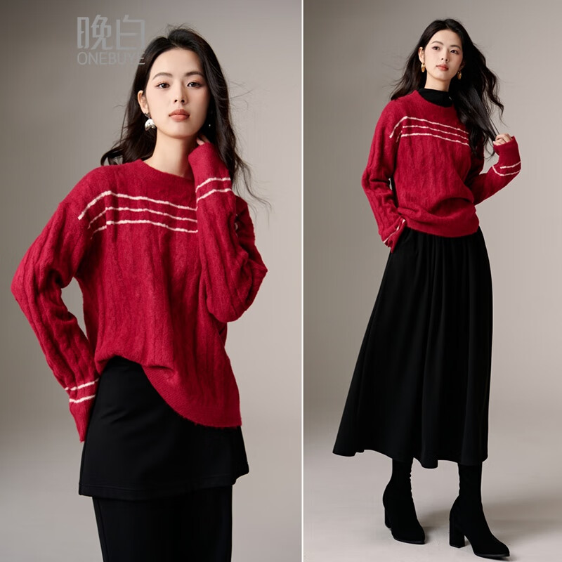晚白【断码清仓】简约宽松中国红毛衣宽松软糯条纹针织衫女 红色 L
