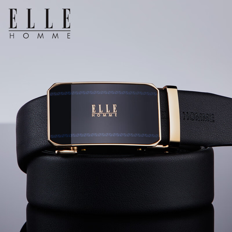 ELLE HOMME法国男士皮带男头层牛皮男士腰带真皮自动扣圣诞礼物送男友老公 【专柜礼盒】902079A金色/细纹带身 110cm -130默认随机(可修剪)