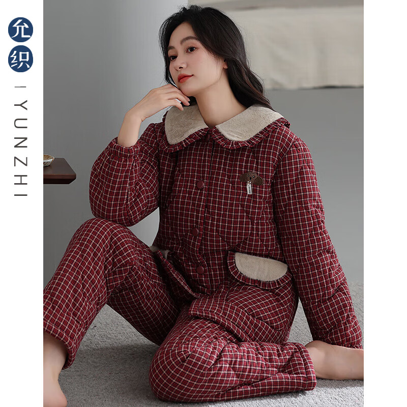 允织睡衣女冬季三层加厚加绒梭织纯棉夹棉袄秋冬款珊瑚绒高级感家居服 68041-枣红 M (160) ：建议90-110斤穿着