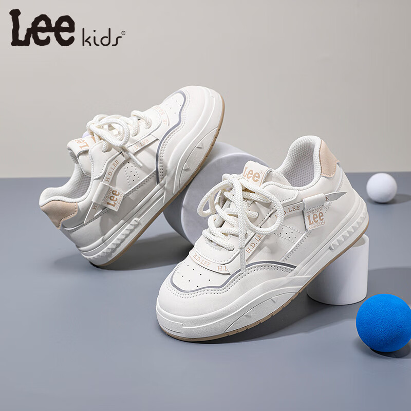 Lee童鞋春季儿童小白鞋百搭休闲鞋女童板鞋男童德训跑步鞋 米卡其   33 【建议脚长200mm】