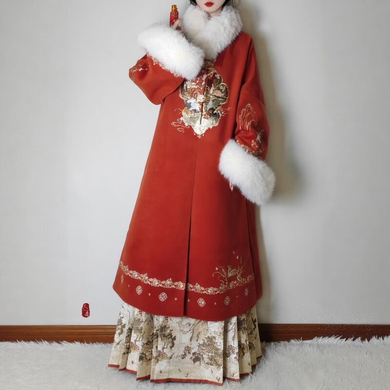 上遥居 汉服汉服女鹤别空山明制加绒冬款套装 白色套装【外袄+里衣+下裙+围脖】 L