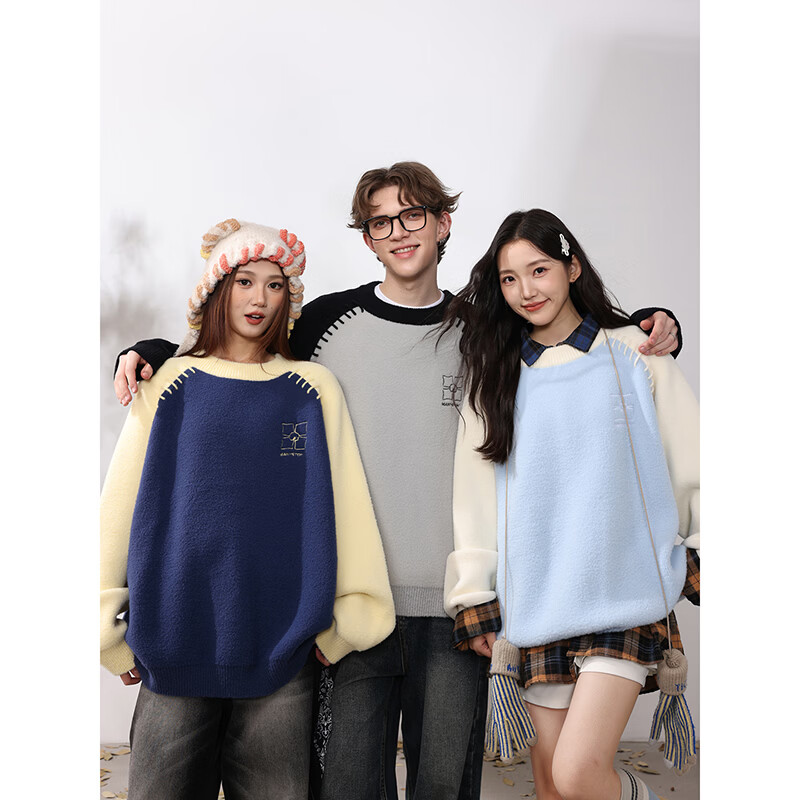 MANYSTON美式圆领套头毛衣男生款秋冬季潮牌情侣宽松青少年针织衫上衣 藏青色 2XL