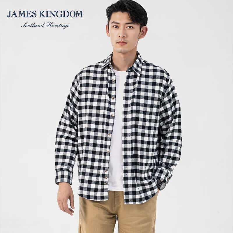 JAMES KINGDOM【野文专属】法兰绒长袖男衬衫磨毛格子休闲衬衣外套BA185A274 橘蓝BA185A274AH L