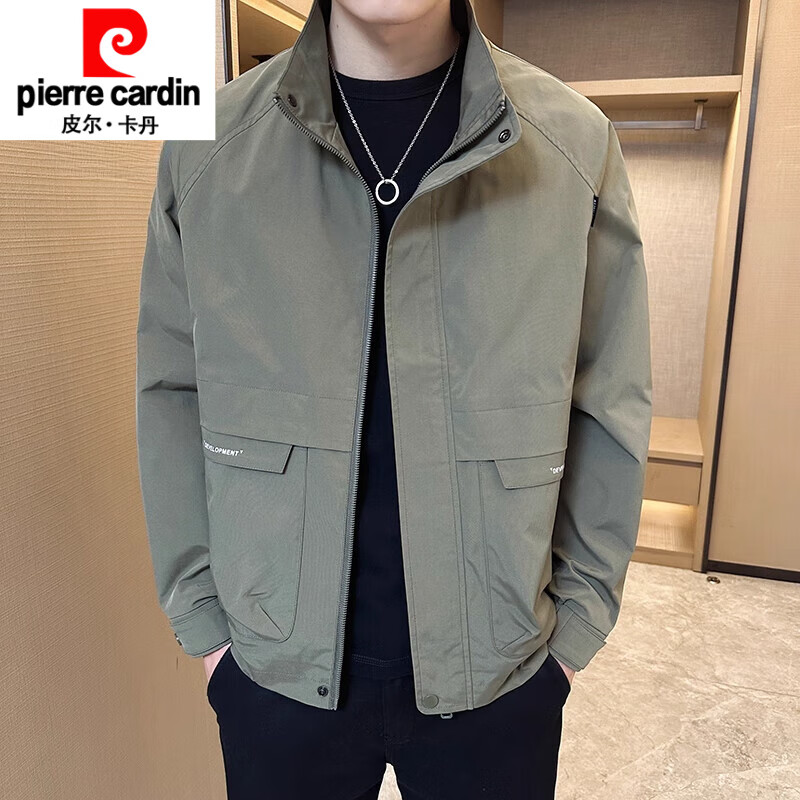 皮尔卡丹（pierre cardin）立领夹克男士春秋季潮流韩版工装外套休闲加棉防风上衣针织 军绿色7701 春秋款 M 建议95-115斤