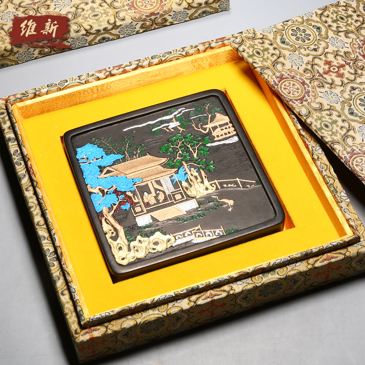 维新非遗徽墨1981年制清代老墨版《唤卿呼子谓多事》收藏文房四宝老古墨块 胡开文墨条礼盒包装送礼