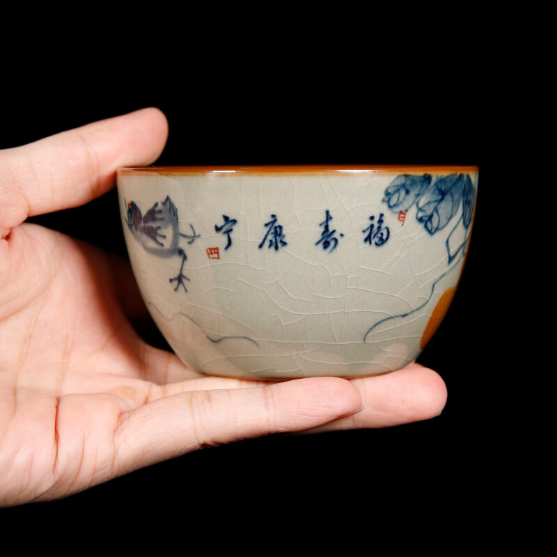 【柴房雅器】景德镇柴窑手绘青花釉里红福寿康宁卧足杯纯手工茶杯