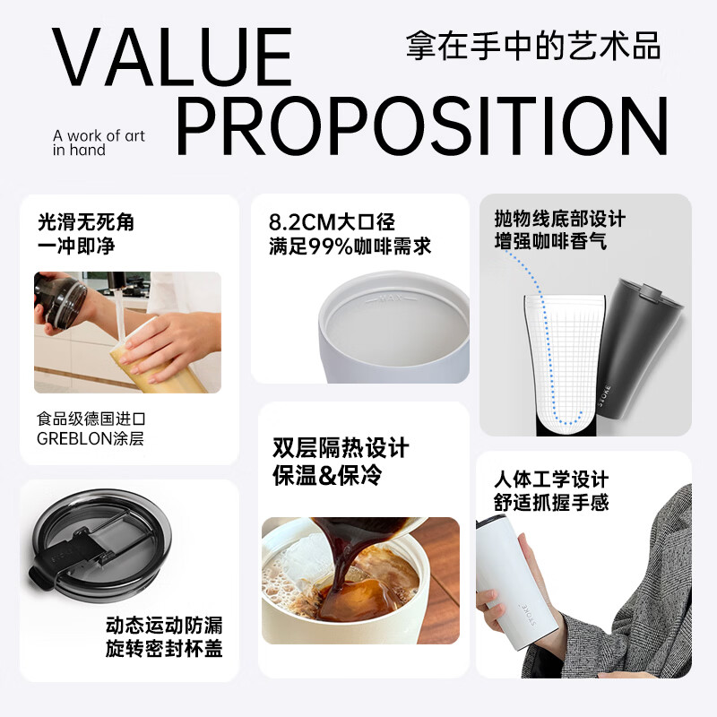 慕咖STTOKE经典款咖啡杯精致陶瓷内胆保温杯便携实用水杯TT杯节日礼物 奢华黑460ml【延伸盖组合】