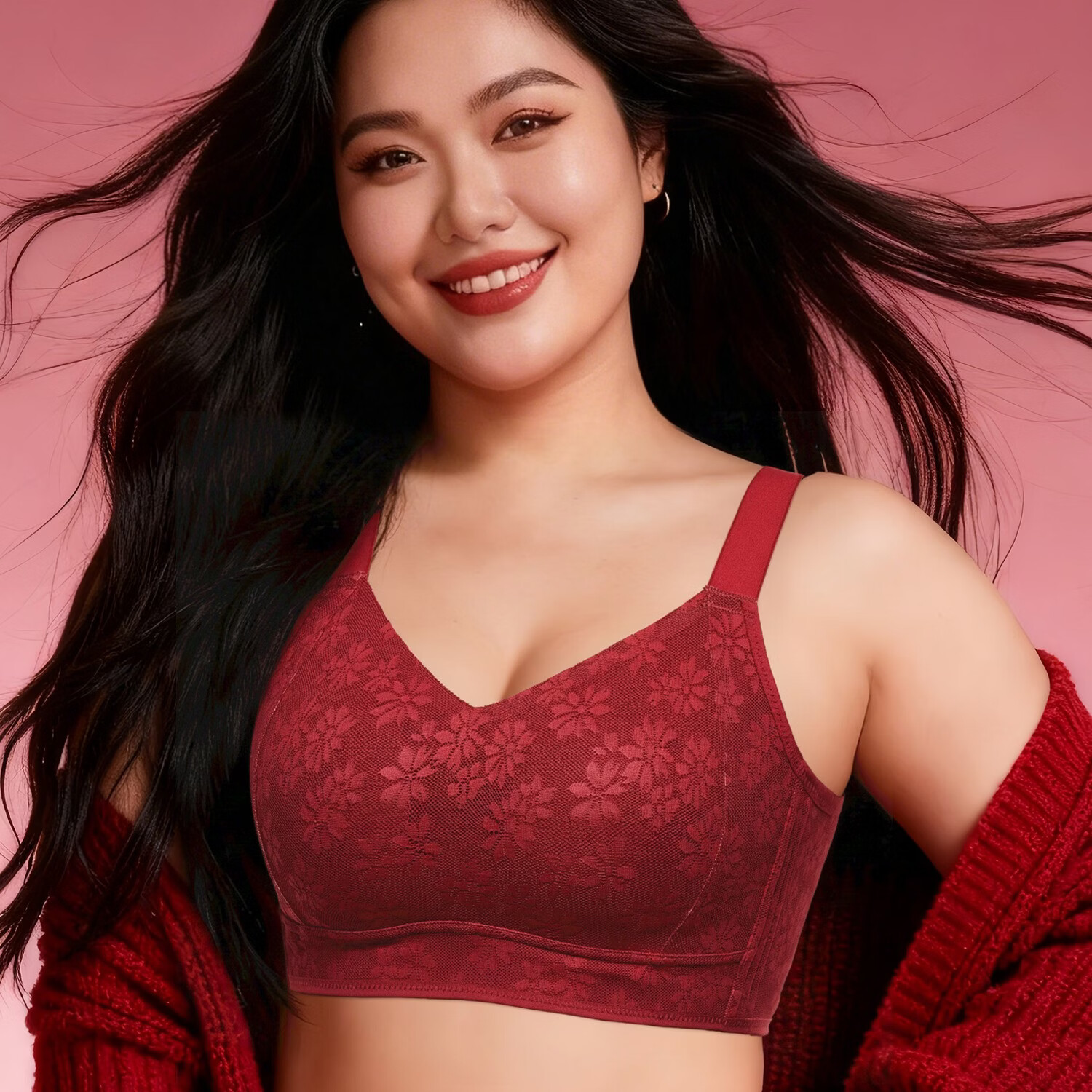 千奈美无痕提花大胸显小收副乳防下垂显瘦文胸内衣 樱桃红 L (80BCD/75E)