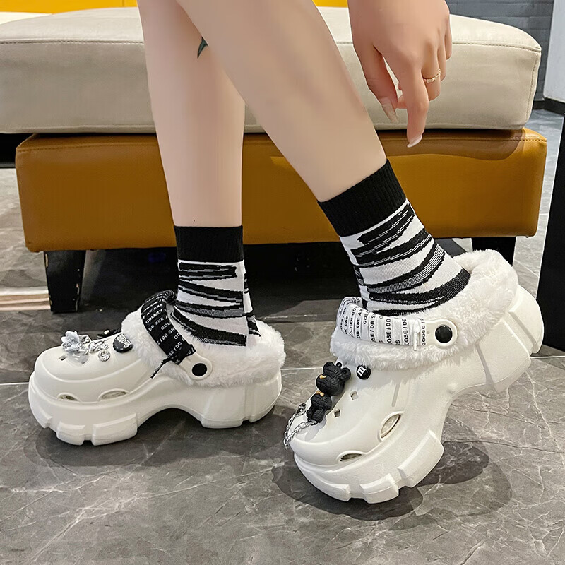 【精选】洞洞鞋女加绒外穿2024秋冬新款可拆卸厚底可爱包头保暖棉 白色【绑带】可拆卸棉套 34 -35