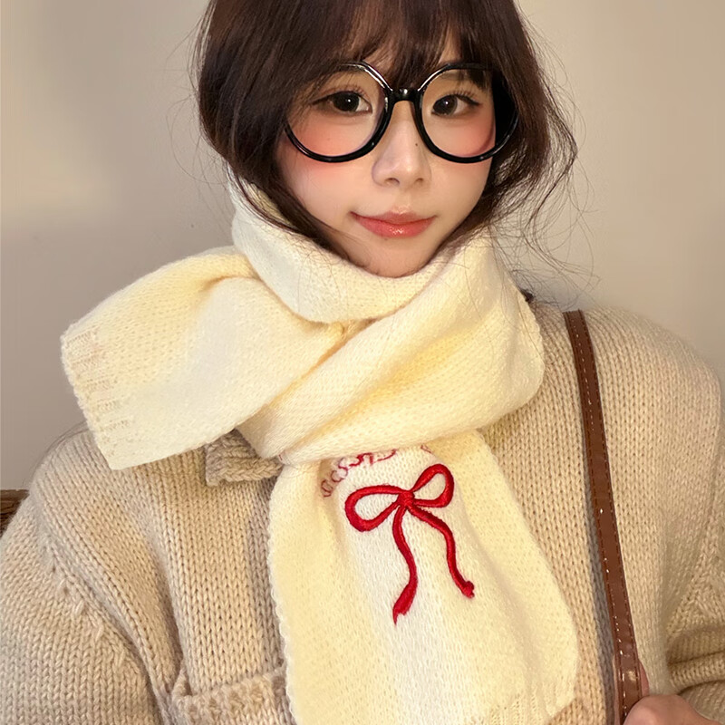 朋意蝴蝶结围巾女2026新款冬季日韩系氛围感百搭简约学生护颈围脖加厚 刺绣围巾-白底红色蝴蝶结-1条