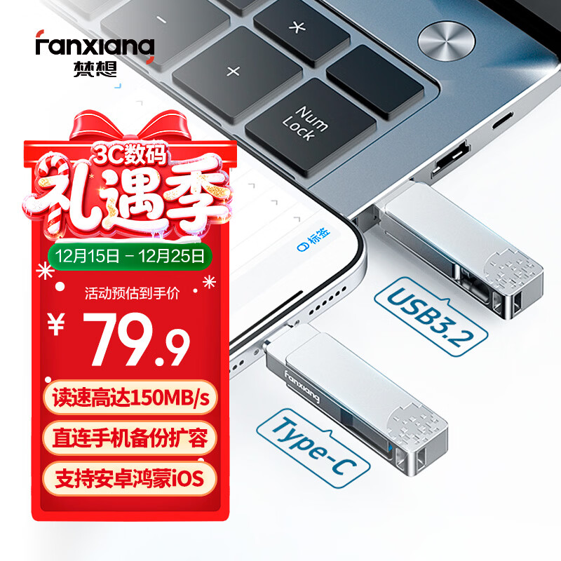 梵想（FANXIANG）128GB USB3.2 Type-c双接口U盘F372 读速150MB/s 商务车载大容量手机电脑通用优盘