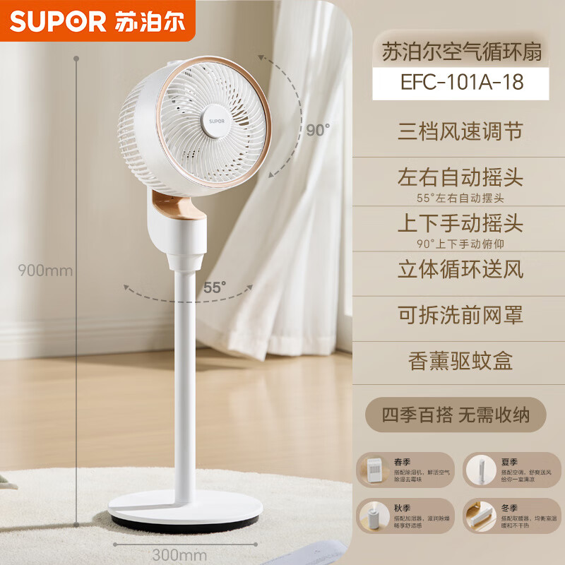 苏泊尔空气循环扇卧室电风扇家用音轻大风力循环台立式摇头落地扇 白色机械旋钮款【扇叶+香薰驱蚊盒】