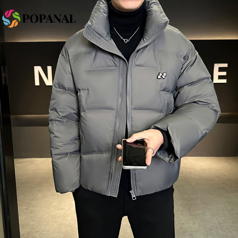 POPANAL香港潮牌2025冬季新款高品质车缝线男士工装休闲微阔羽绒服外套潮 灰色 M (90-130)