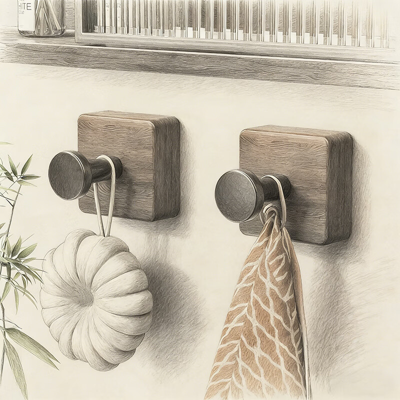 尔思家实木浴室挂钩粘胶强力承重免打孔浴室卫生间粘钩墙壁门后无痕毛巾 【胡桃木】单钩