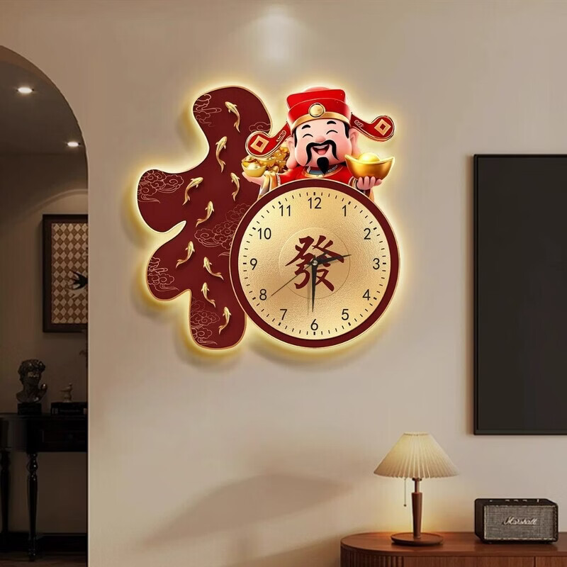 OYKTN2026新款客厅发光钟表新中式创意福字挂墙时钟财神电视背景墙挂钟 發财（發）-常规款 小号（30*30cm）＋【全新升】