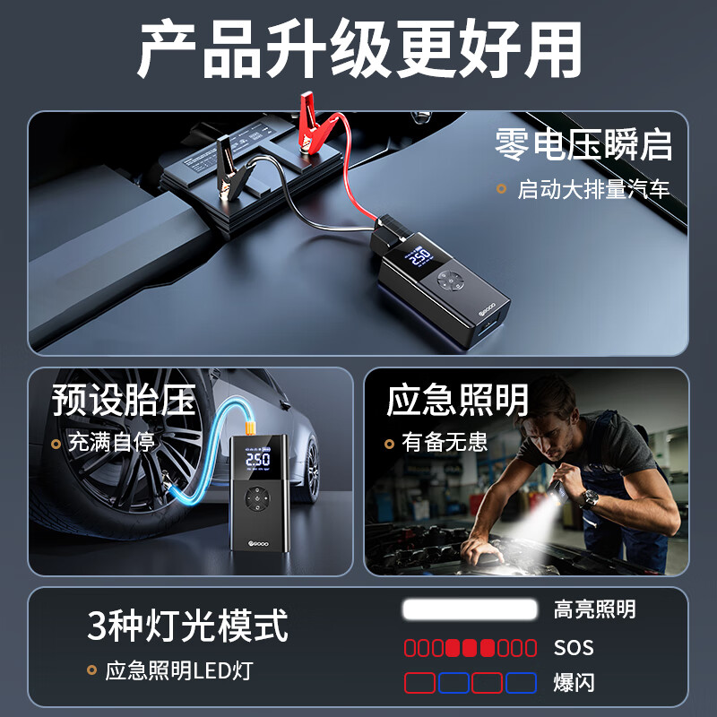 谱硕【A类电池】汽车应急启动电源充气泵一体机数显车载电瓶搭电宝强启打火神器各类轮胎打气户外照明 顶配【12V不限排丨2000A电流】智能夹+收纳袋