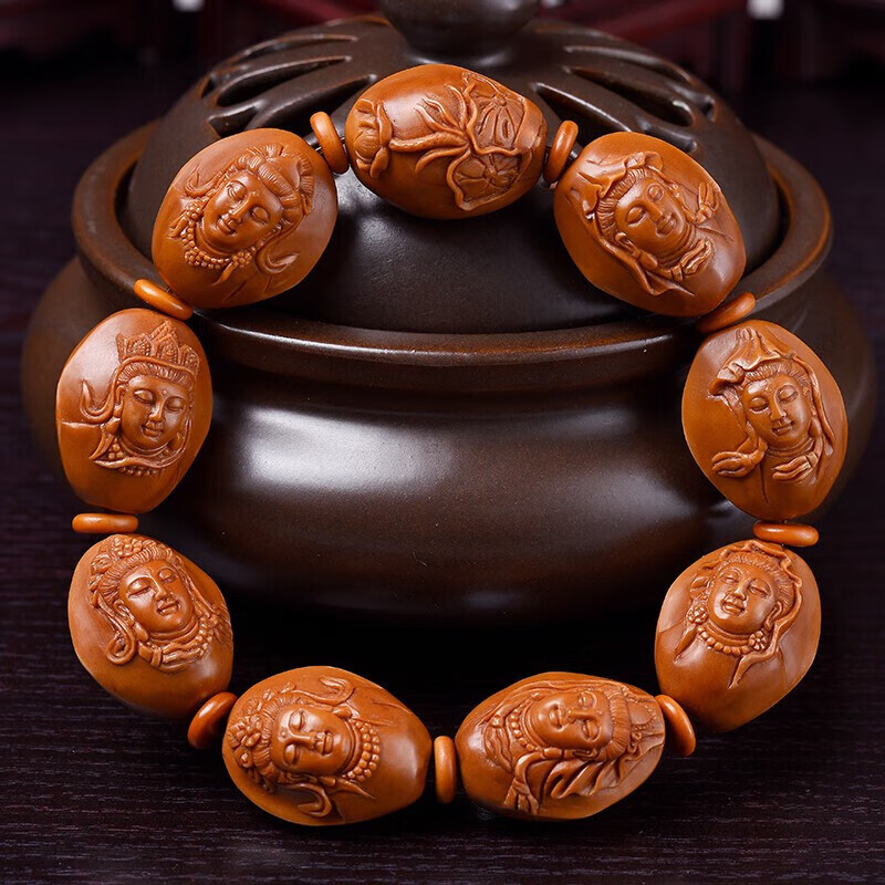 珍百福橄榄核手串 浮雕观音佛珠2.0大籽文玩手串男橄榄核雕老油核曹乐刻 1.9*2.4cm 京东折扣/优惠券