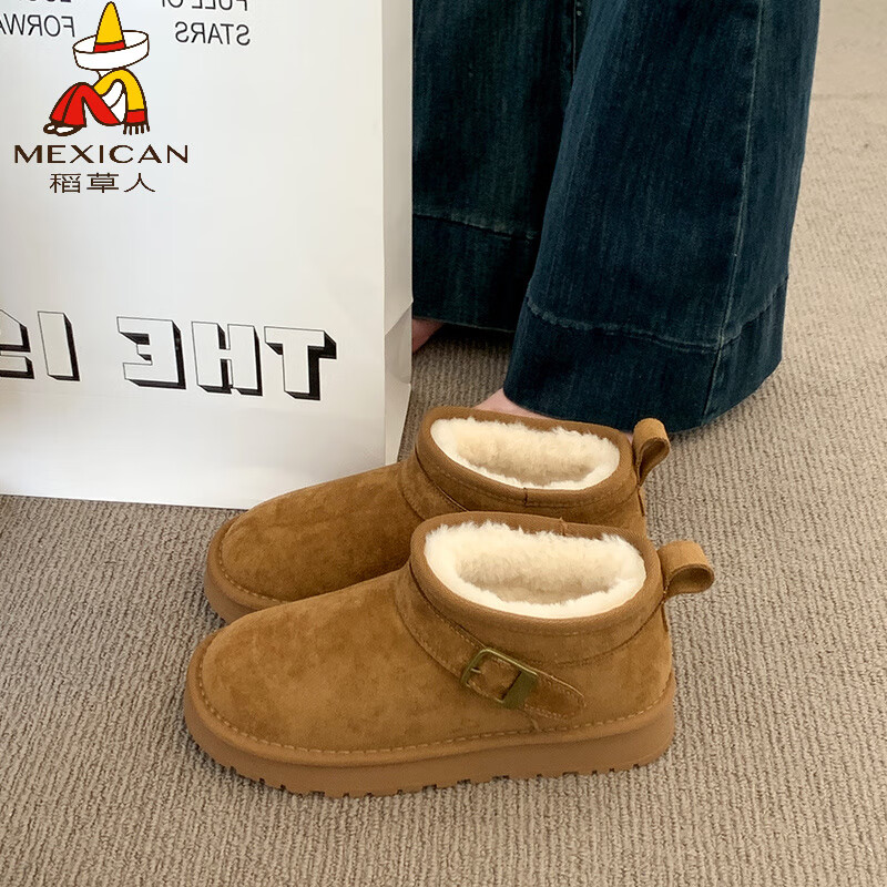 稻草人（MEXICAN）厚底雪地靴女款2026新款冬季毛毛勃肯鞋加绒加厚短靴子东北大棉鞋 驼色 35