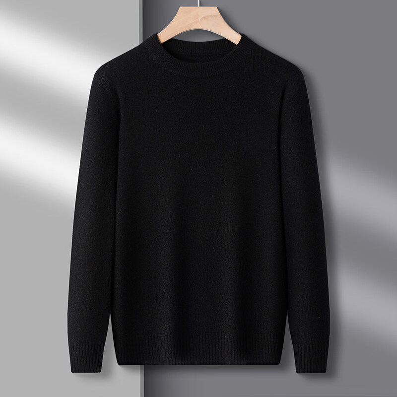 真维斯（Jeanswest）棉毛衣男士2026新款秋冬季加厚保暖针织衫男生内搭打底衫潮 曜石黑圆领 【纯棉保暖】 XL 【建议140-160斤】