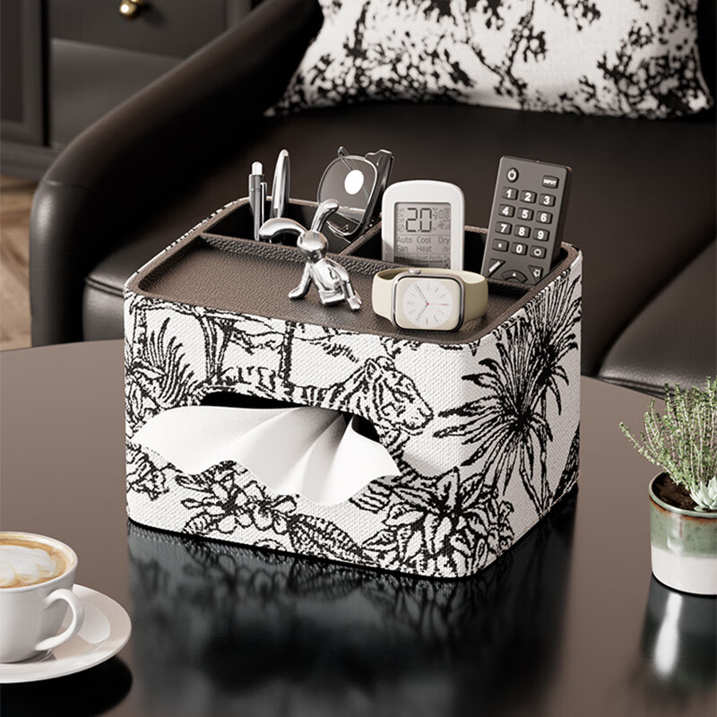 玫沃寶（Mavobo）輕奢抽紙盒創(chuàng)意皮革紙巾盒高級感客廳茶幾餐桌家用紙抽盒收納盒 悠閑兔森林收納盒-黑色