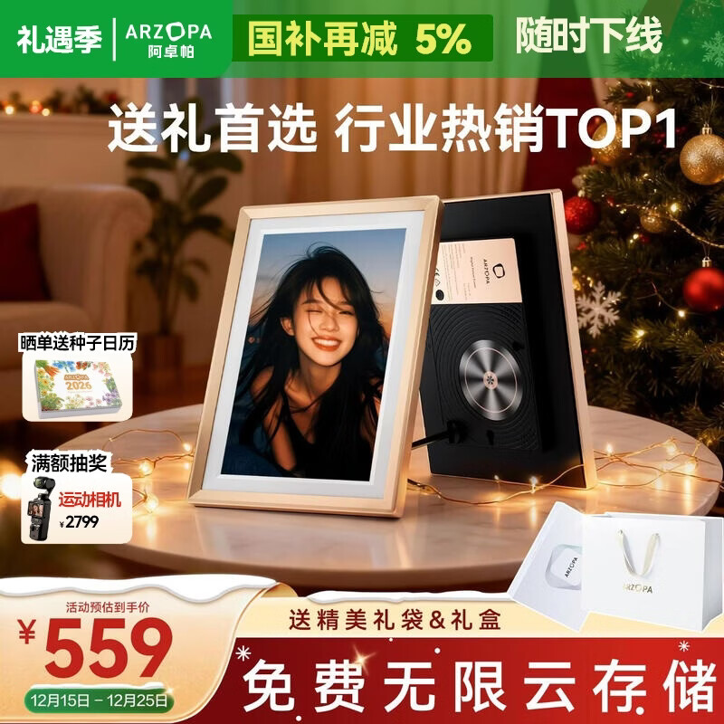 ARZOPA阿卓帕 10.1英寸数码智能云相框 高清电子相册 照片视频触摸播放  端午节礼物 D10香槟金