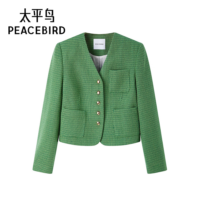 太平鸟女装外套短款小香风质感通勤气质休闲口袋 绿色 XL