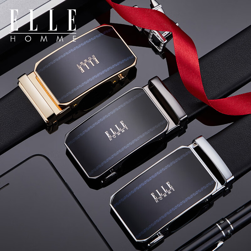 ELLE HOMME法国男士皮带男头层牛皮男士腰带真皮自动扣圣诞礼物送男友老公 【专柜礼盒】902079A金色/细纹带身 110cm -130默认随机(可修剪)