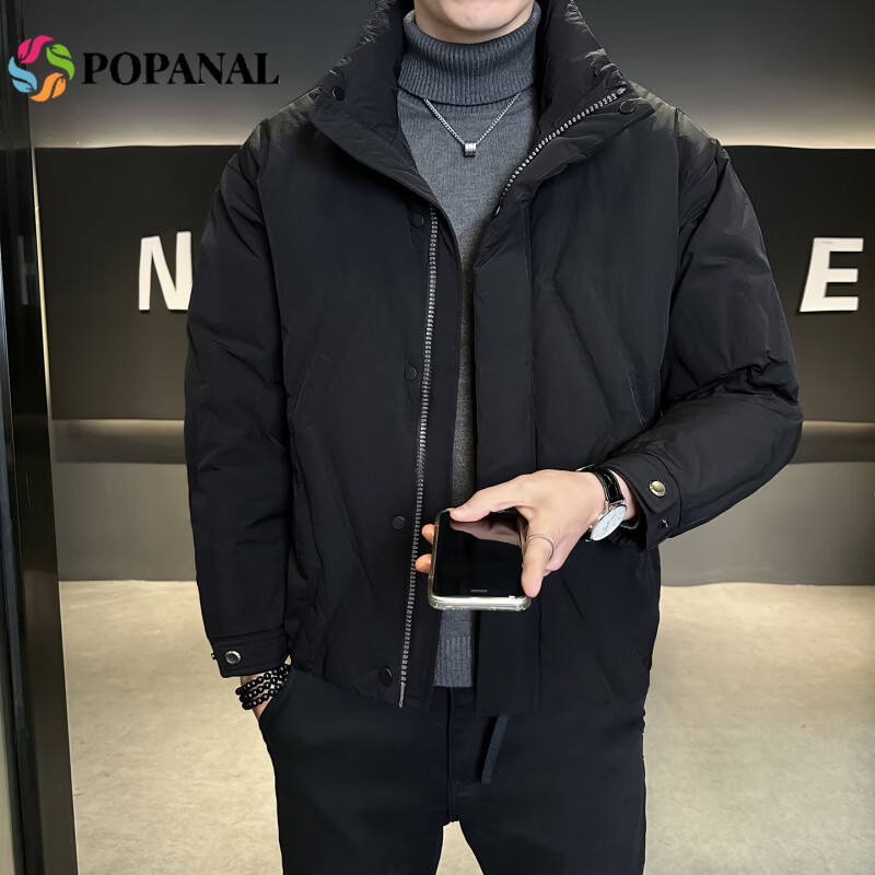 POPANAL香港潮牌2025冬季新款男士工装设计感压印微阔立领休闲羽绒服外套 黑色 M