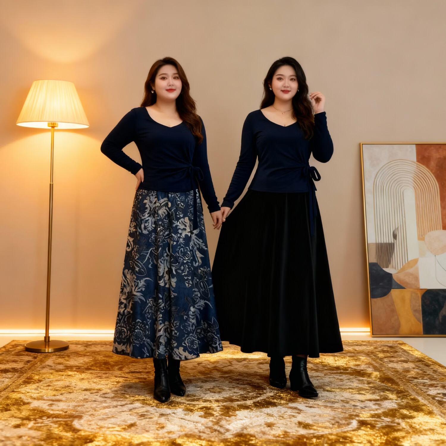 Sogni D’oro大码女装复古印花半身裙女秋冬装高腰显瘦大摆两面穿长裙子20766 蓝色 常规 双面穿 XL 建议90-120斤穿着