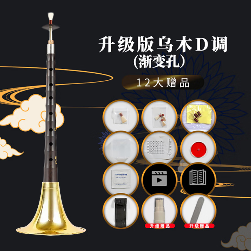 新艺乌木唢呐演奏专业黑檀木唢呐乐器全套初学者入门大小号喇叭 【推荐款】乌木D调金碗+12大赠品