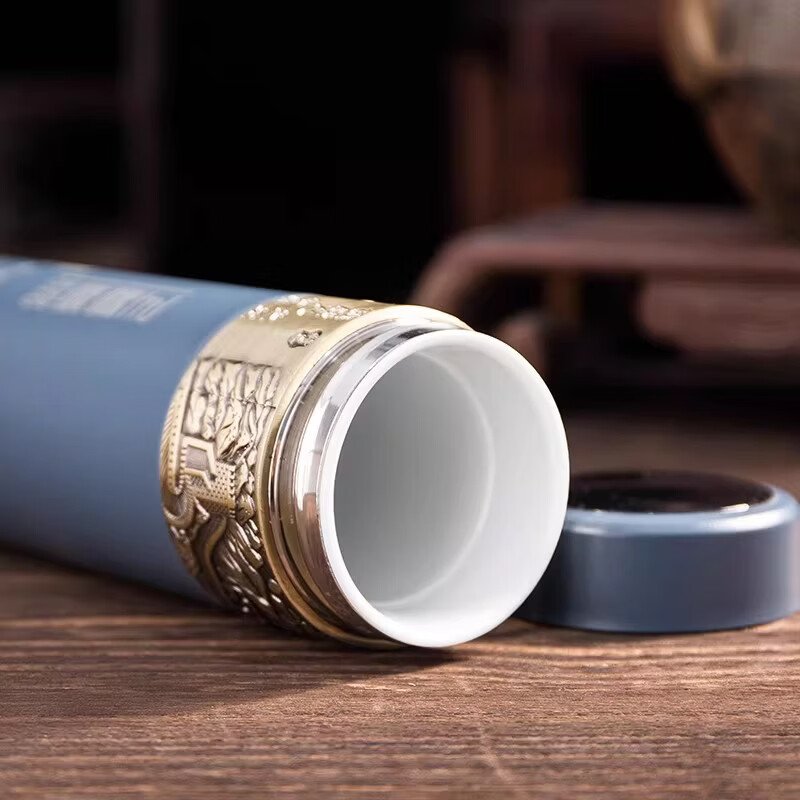 启色景德镇陶瓷内胆保温杯男女杯子高颜值商务茶水分离茶杯礼物定制 【真陶瓷内胆350ml带温度显示】金带绿色