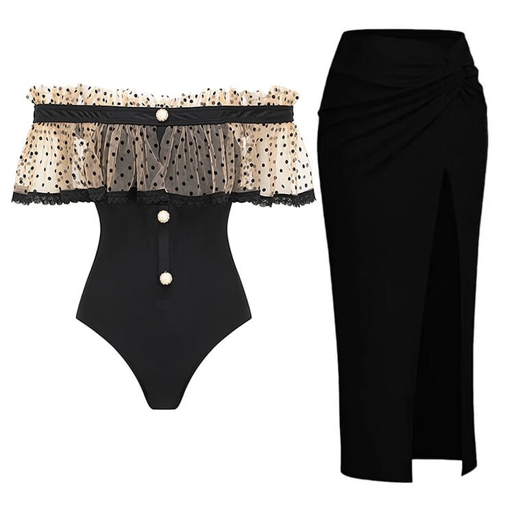 诗迦努2025新品小众设计吊带网纱连体泳衣女泡温泉度假套装外搭 套装 S _90-110斤