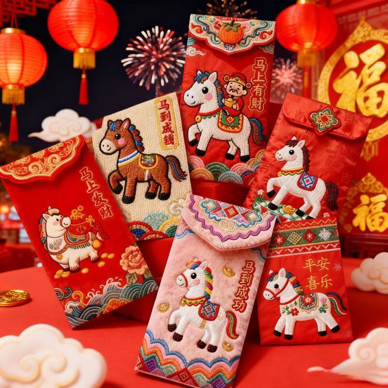 压岁钱专用红包2026马年仿平面刺绣卡通福马红包春节创意创意装饰 5D仿刺绣纸质【卡通福马萌马财神】GLEE KLTTY 加厚+5D立体感【6个混装】