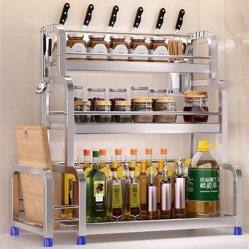 不锈钢厨房置物架调味架台面免打孔家用多功能刀架收纳神器 银色三层（刀架+筷子筒+砧板架）