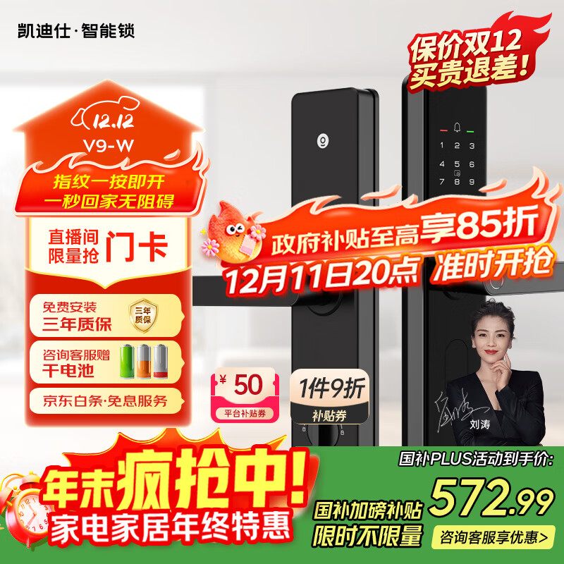 凯迪仕（kaadas）智能门锁 指纹识别 防盗门锁密码锁 入户门电子智能锁 V9-W